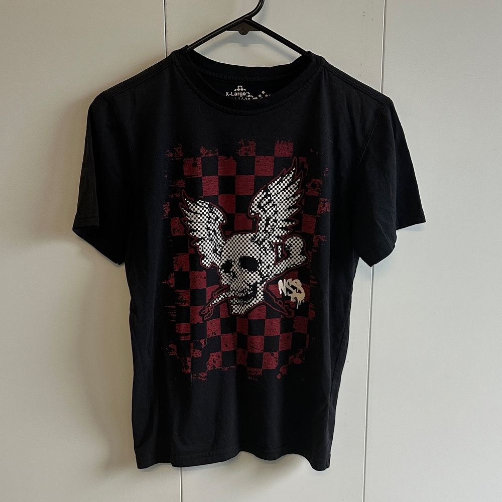 Kids Black Graphic Tee with Red Checkered Skull Design